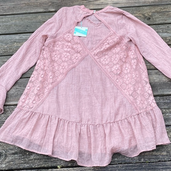 Umgee mauve pink lace tunic blouse sz large NWT trumpet sleeve w/ open back - Picture 8 of 14